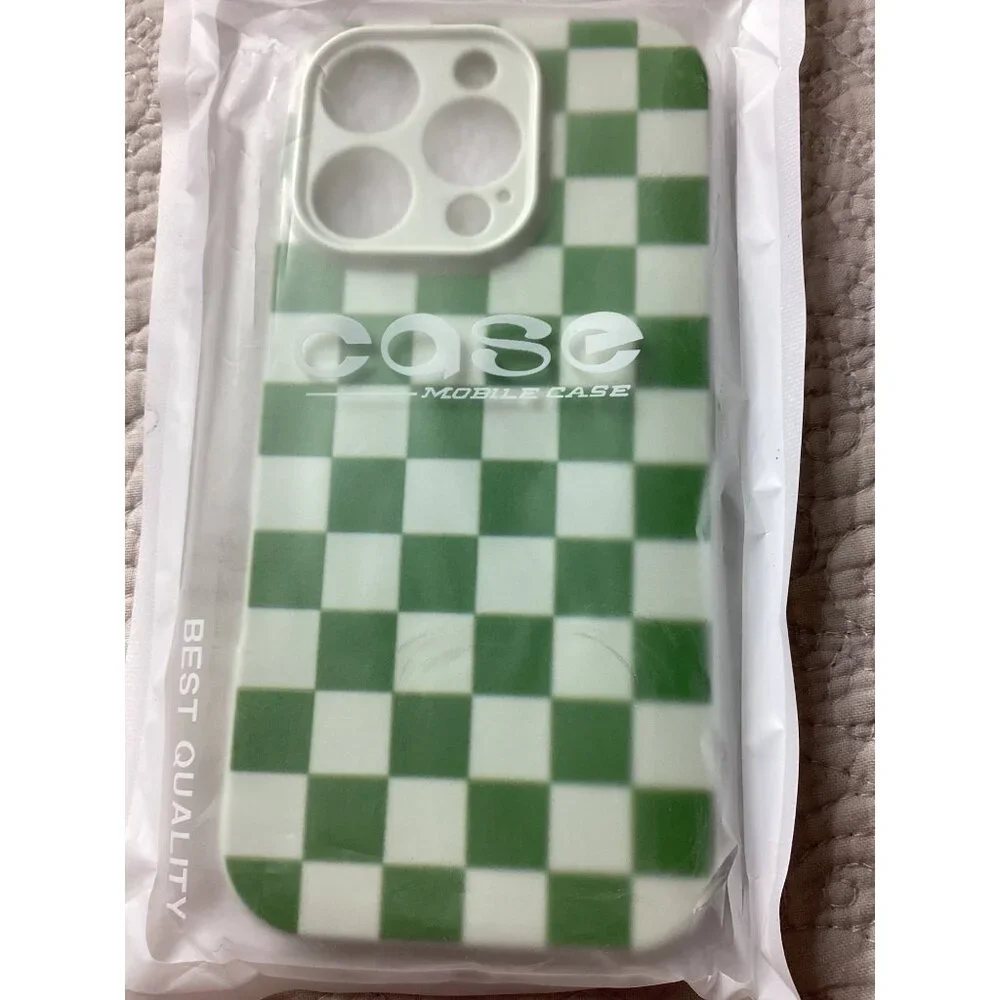 Green & White Checkered iPhone 16 Pro Mobile Case Durable Flexible Cover*New